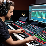 **

A music production studio with a musician and audio engineer working together at a mixing console, showcasing recording and mixing.

**