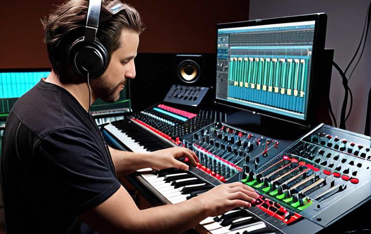 **
A music production studio with a musician and audio engineer working together at a mixing console, showcasing recording and mixing.
**